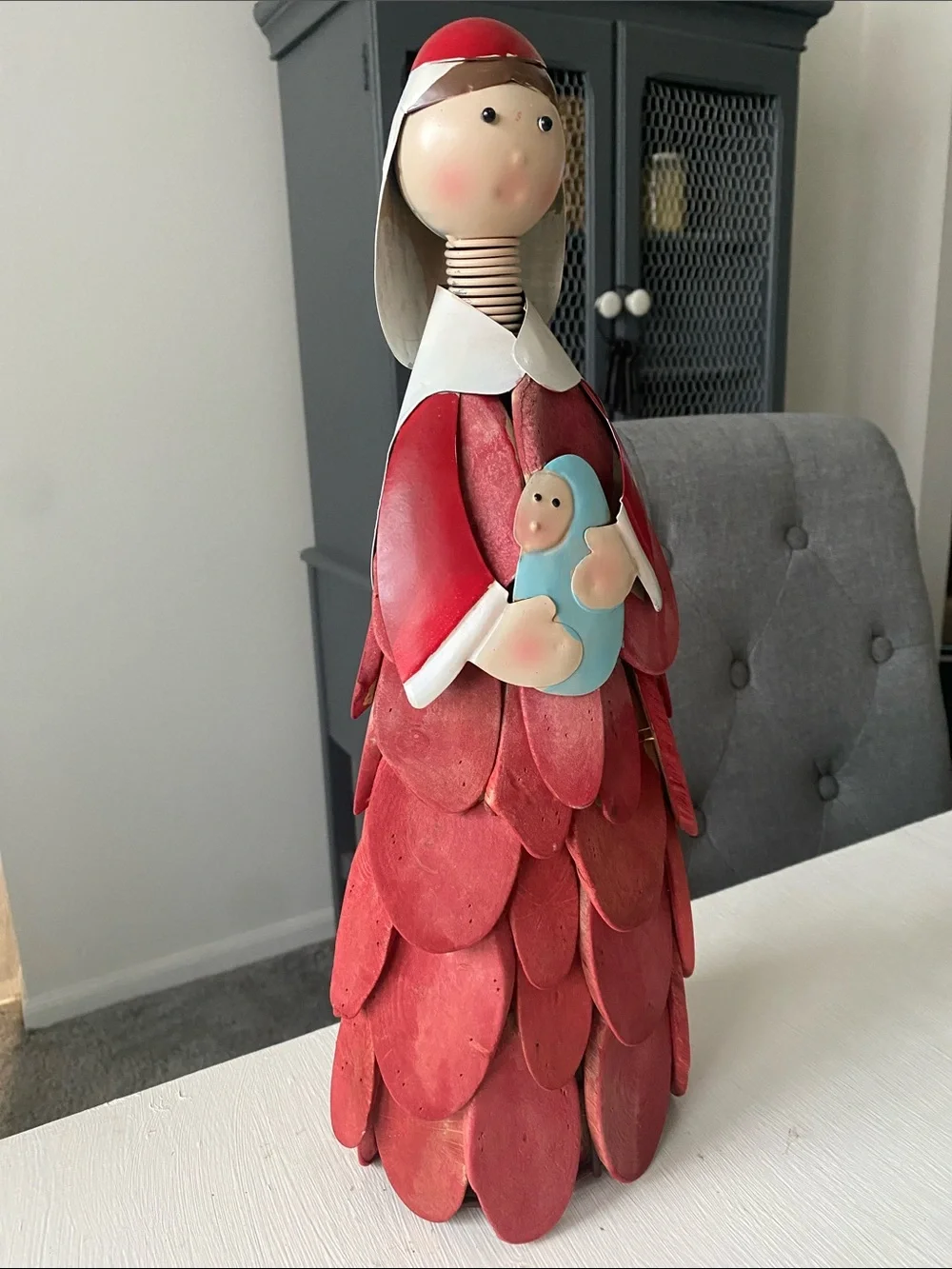 Handcrafted Red Driftwood Mother Mary and Baby Jesus Figurine Christmas